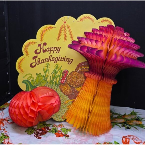 Retro Vintage Happy Thanksgiving Honey Comb Die Cut Scan Party 1988 - Picture 4 of 12